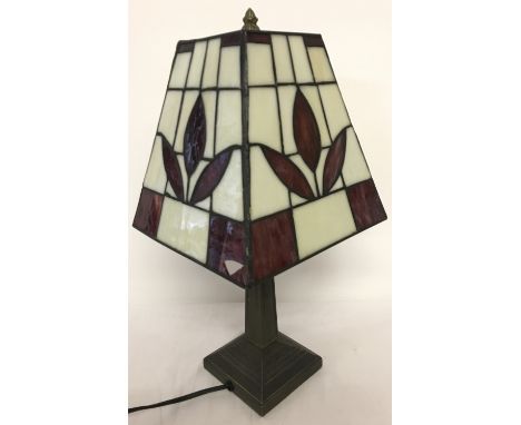 A modern square shaped metal based table lamp with leaded glass shade, shade (a/f).  Approx. 42cm tall.