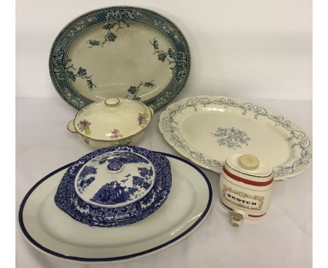 A collection of Victorian and vintage ceramics. Comprising: 3 meat plates, 2 lidded tureens and a Wade Scotch barrel. 