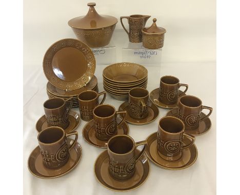 A quantity of Retro Portmeirion "Totem" pattern Tea and dinner ware, in brown colourway. Comprising: Large lidded bowl, 8 cer