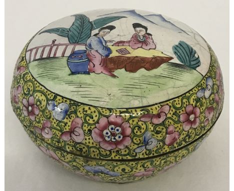 A Chinese enamelled circular lidded pot with brightly coloured floral decoration. And figural detailed panel design to lid. A