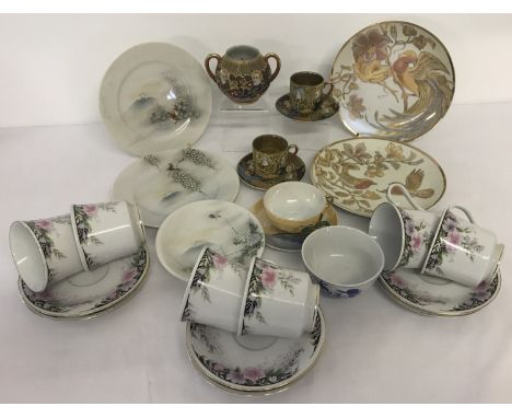 A collection of vintage Oriental ceramics. To include: a set of 6 cups &amp; saucers in pink &amp; black from Liling, China; 