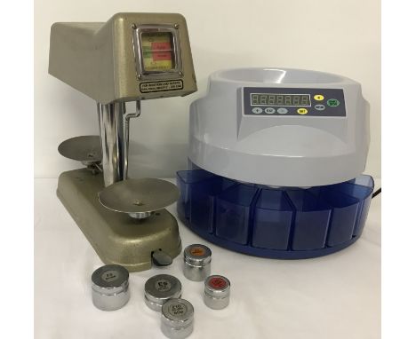 An "Omal Moneychecker" set of coin weighing scales complete with denomination weights. Together with an electronic coin count