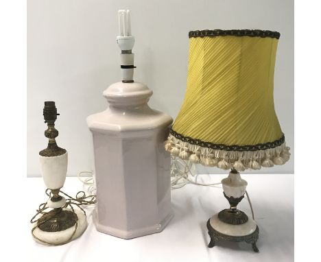 A large modern ceramic table lamp base together with 2 vintage brass and alabaster lamps.  Largest approx. 45cm tall (to top 
