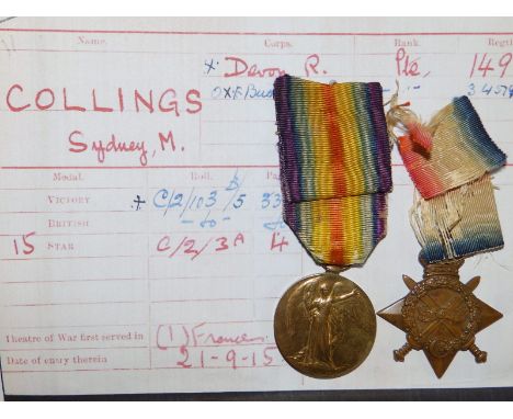 A WWI British Army Medal duo, Victory Medal with 1914-15 Star awarded to 14979 Private S.M. Collings, Devon Regiment. (2)