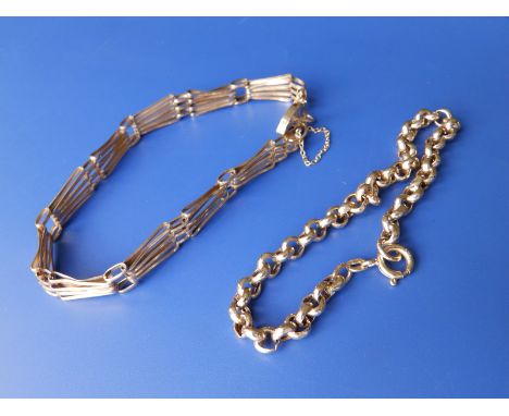 A 9ct gold belcher link bracelet and a 9ct gold gate link style bracelet with padlock clasp. (2)