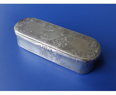 An early Victorian silver snuff box by Nathaniel Mills, having foliate engraved borders around engine turned panels, a small 