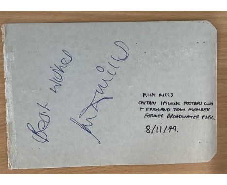 Football Mick Mills signed 6x4 album page. Michael Dennis Mills MBE (born 4 January 1949) is an English former footballer who