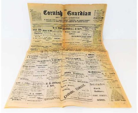 A first ever edition of the Cornish Guardian, dated Friday 18th January 1901, vol 1; no.1