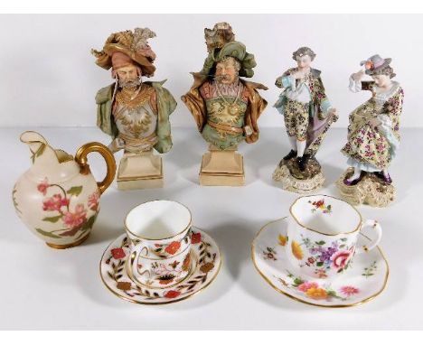 A Royal Crown Derby Imari cup &amp; saucer, a Worcester cream jug, a pair of Volkstadt figures, a/f &amp; other ceramics