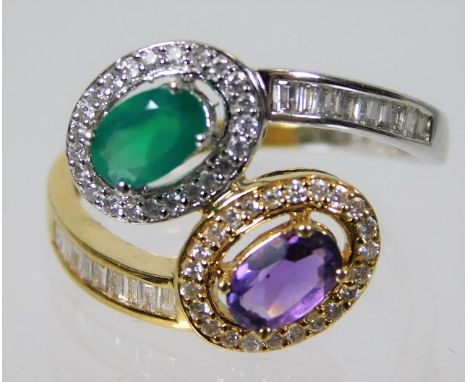 A two colour gold suffragette colour diamond, amethyst &amp; green stone, possibly agate or low grade emerald crossover ring