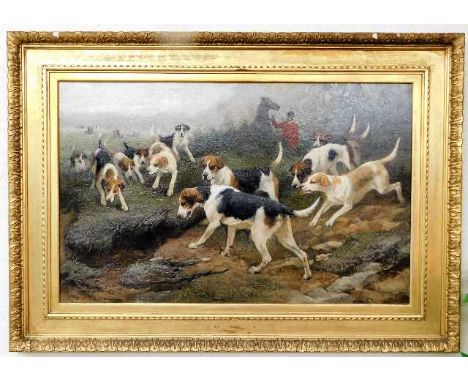 A large oil on canvas depicting hunt scene &amp; hunting hounds by Carl Suhrlandt (1828-1919) dated 1888 with original gilt f