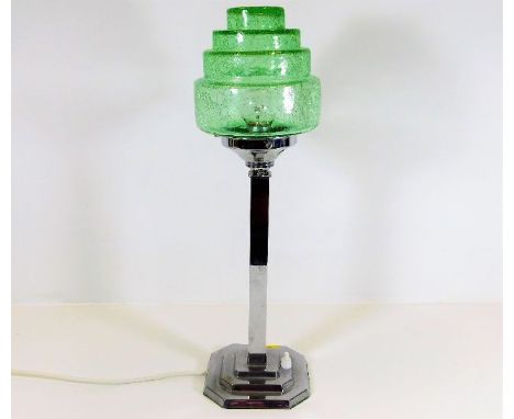 A chrome art deco lamp base with period crackle glass stepped shade 17.75in tall 
