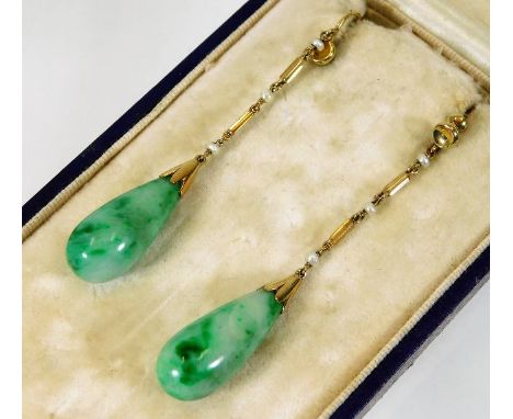 A boxed pair of early 20thC. yellow metal mounted jade &amp; pearl drop earrings 11.5g