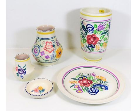 Five pieces of Poole pottery wares including a large floral vase 9.5in tall