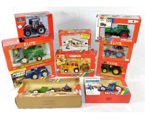 Ten boxed mostly Britains diecast scale models of agricultural interest including tractors &amp; other accessories 