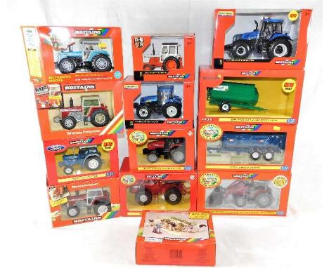 Thirteen boxed mostly Britains diecast scale models of agricultural interest including tractors &amp; other accessories 