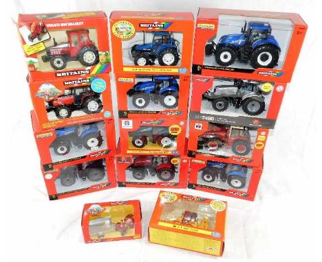 Fourteen boxed mostly Britains diecast scale models of agricultural interest including tractors &amp; other accessories