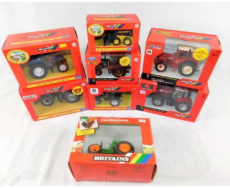 Eight boxed mostly Britains diecast scale models of agricultural interest including tractors