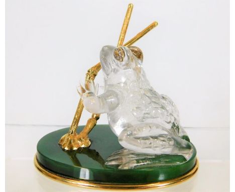 A Boucheron carved rock crystal frog objet d'art mounted on jade base set with 18ct gold fittings &amp; diamond eyes 192g, fr