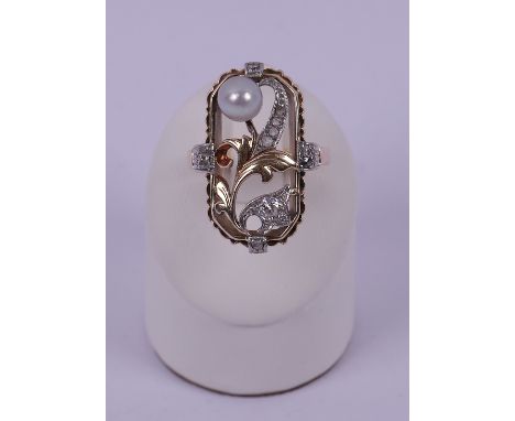 Ring, Art Déco, 18kt Gelbgold/Weißgold, Platin, Altschliffdiamanten, 1 Perle ø ca. 6 mm, ca. 6.42 g, RM 52.5