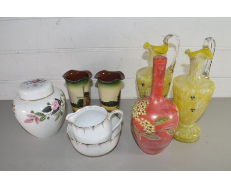 MIXED LOT COMPRISING PAIR OF TORQUAY WARE VASES, WEDGWOOD HATHAWAY ROSE GINGER JAR, ENAMEL FINISH STEM VASE, AND A PAIR OF YE