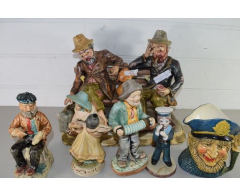 MIXED LOT COMPRISING A CAPO DI MONTE MODEL OF TWO TRAMPS ON A BENCH, TOGETHER WITH FURTHER FIGURINES