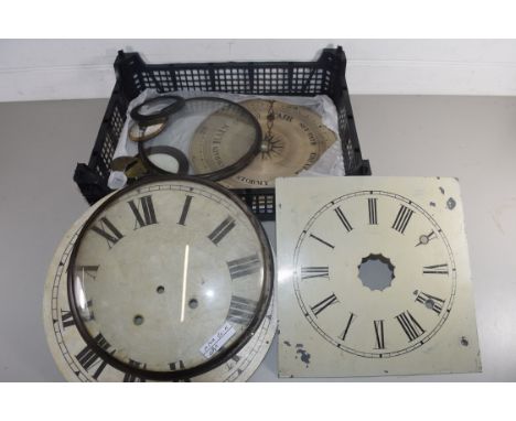 BOX OF MIXED ITEMS TO INCLUDE A 19TH CENTURY BAROMETER DIAL, TWO CLOCK FACES, ETC