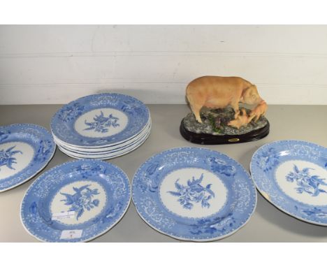 MIXED LOT COMPRISING QTY OF SPODE CAMELLIA PATTERN PLATES TOGETHER WITH A RESIN MODEL OF A PIG FAMILY