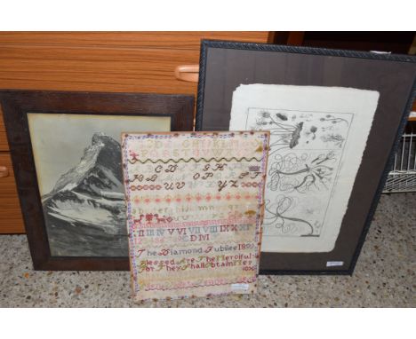 MIXED LOT COMPRISING AN UNFRAMED 19TH CENTURY NEEDLEWORK SAMPLER TOGETHER WITH A BLACK AND WHITE PRINT OF HYDRA AND A FURTHER