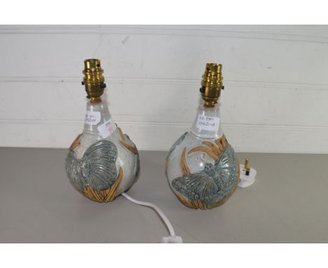 BERNARD ROOKE, PAIR OF STONEWARE STUDIO POTTERY TABLE LAMP BASES DECORATED WITH BUTTERFLIES