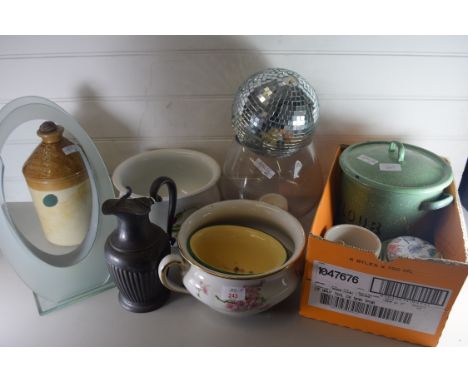 TWO CERAMIC AND ONE ENAMELLED CHAMBER POT TOGETHER WITH AN ENAMELLED FLOUR BIN, A STONEWARE FLAGON FROM NORWICH, A GLITTER BA