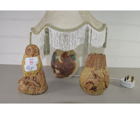 BERNARD ROOKE, SMALL TABLE LAMP BASE DECORATED WITH A SQUIRREL AND SHADE, AND A FURTHER SMALL VASE DECORATED WITH RABBITS AND