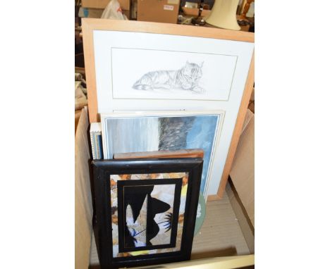 BOX OF MIXED PICTURES TO INCLUDE A BRAZILIAN BUTTERFLY WING PICTURE, OIL ON BOARD OF A LOCH SCENE, THREE STUDIES OF A TABBY C