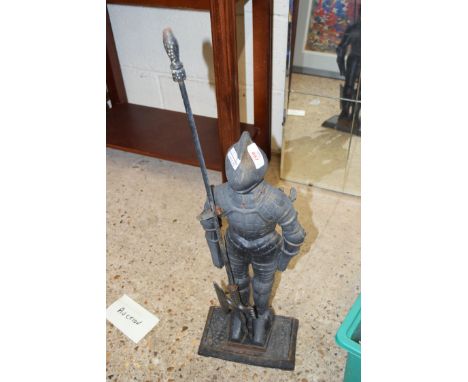 FIRE POKER STAND FORMED AS A KNIGHT, TOGETHER WITH A BOX CONTAINING DEER ANTLERS, A MODEL VW CAMPERVAN AND A PAIR OF IRON CAN