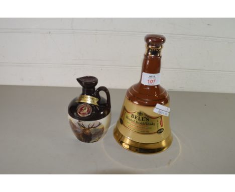 375CL BOTTLE OF BELLS BLENDED SCOTCH WHISKY IN A WADE DECANTER TOGETHER WITH A FURTHER SMALLER BOTTLE OF RUTHERFORDS SCOTCH W