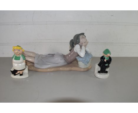 NAO FIGURE OF A RECUMBENT GIRL TOGETHER WITH A PAIR OF ANDY CAPP SALT AND PEPPER POTS (3)