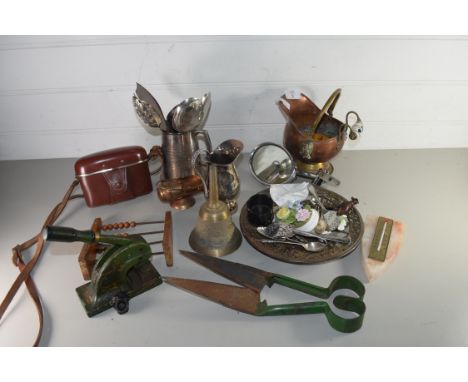 MIXED LOT OF ITEMS TO INCLUDE SILVER PLATED TANKARDS, CUTLERY, MINIATURE COPPER COAL BUCKET, SHEEP SHEARS, DESK EMBOSSER, VIN