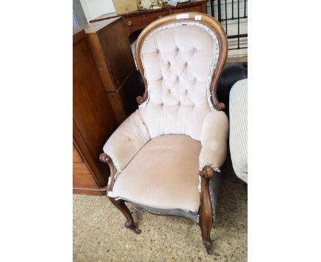 VICTORIAN MAHOGANY FRAMED AND BUTTON UPHOLSTERED ARMCHAIR (A/F)