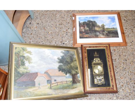MIXED LOT COMPRISING F W CLARK, FIGURE OUTSIDE BARNS, OIL ON BOARD, TOGETHER WITH A FRAMED PRINT AFTER CONSTABLE, AND A FRAME