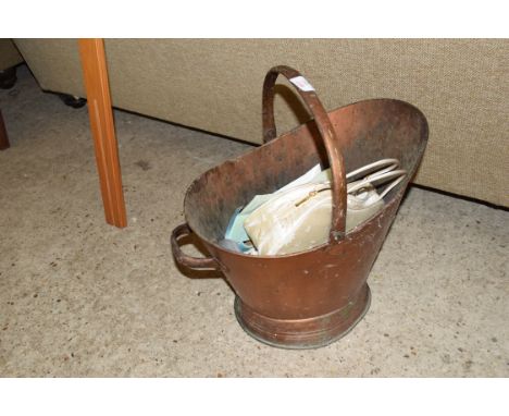 COPPER COAL BUCKET CONTAINING PERFUMES, STAPLER, VARIOUS ITEMS ETC