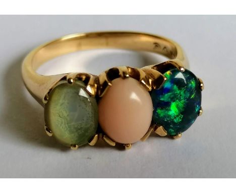 A gold and mixed opal three-stone ring, stamped 14K, size P, 5.18g 