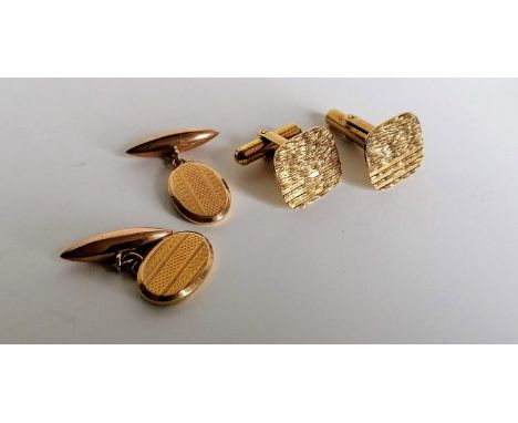 Two pairs of 9ct gold cufflinks, the oval with engine turned design, the square with bark effect by Fred Manshaw Ltd., both p