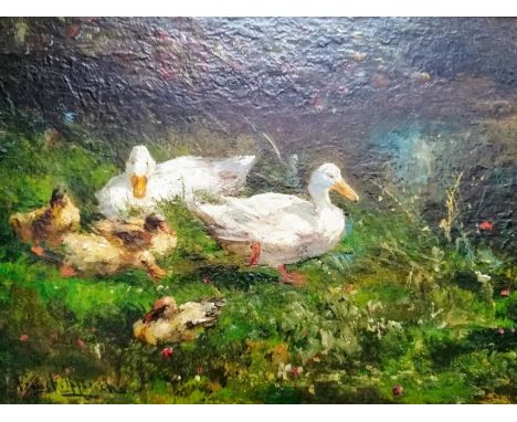 Frans Helfferich (Dutch, 1871-1941) DUCKS AND DUCKLINGS, oil on panel, 18 x 29 cm, signed bottom left in ornate carved frame