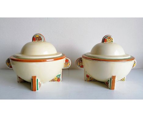 A pair of Clarice Cliff Bizarre range tureens, Newport Pottery, each 18 x 23 cm diameter, in very good condition: minor wear 