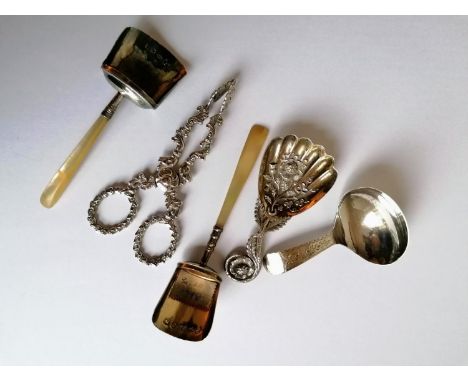 A Victorian silver sugar nips by George Unite, Birmingham, 1862; two caddy spoons; three mustard spoons; egg spoon; two mothe