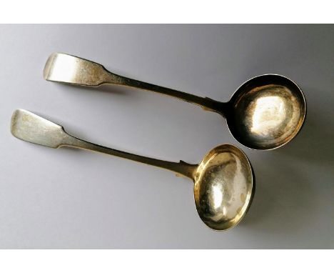 A William IV fiddle pattern silver sauce ladle by James McKay, 1837 another by  Marshall &amp; Sons, 1830, both Edinburgh, 68