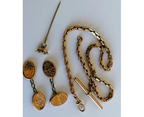 A gold Albert chain with T-bar and single clasp, 32 cm, stamped 9ct, 13.37g a pair of Edwardian oval embossed cufflinks, hall