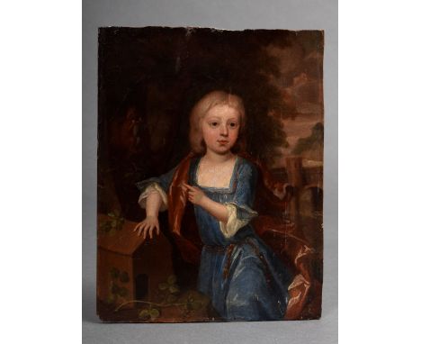 Unbekannter Portraitist „Portrait eines Knaben mit Eichhörnchen“, Öl/Papier auf Holz montiert, wohl England um 1680, 23,2x18c