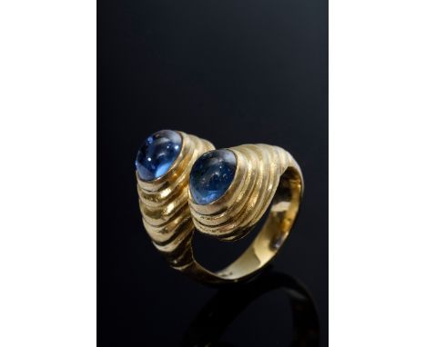 GG 750 "Toi et Moi" Ring mit zwei ovalen Saphircabochons, englische Beschauzeichen, 15,5g, Gr. 47,5, bestoßen