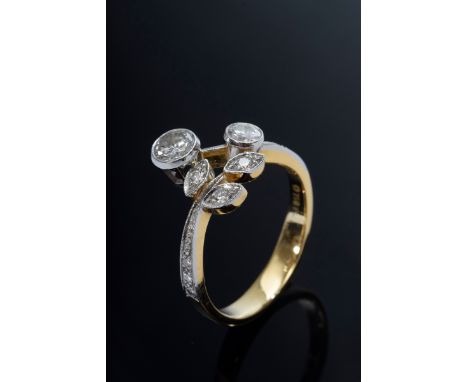 Verschlungener blütenförmiger GG 750/PT 950 Ring mit Brillantbesatz (zus.ca. 0.77ct/SI-P2/W-CR), 5,7g, Gr. 59
